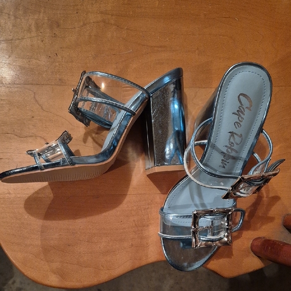 Cape Robbin Metallic Silver Clear Buckle Slide Heels - Picture 2 of 5
